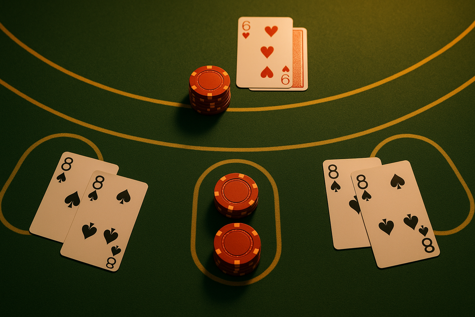 Blackjack table showing a split pair of eights with a double-down bet placed on one hand