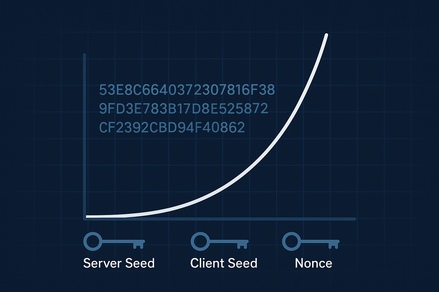Diagram showing server seed, client seed and nonce combining into a hash that decides a crash game result